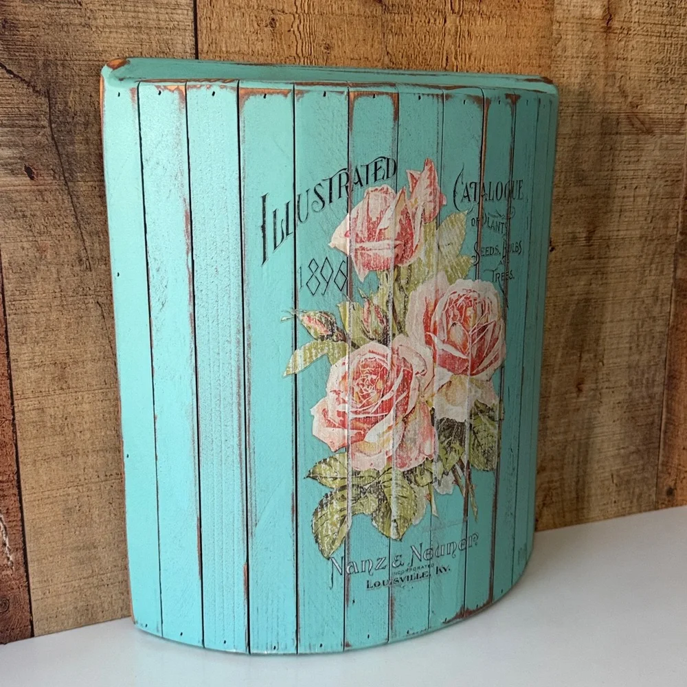 Vintage Inspired Upcycled Shabby Chic Floral Wooden Half Bucket Wall Pocket - Picture 4 of 13